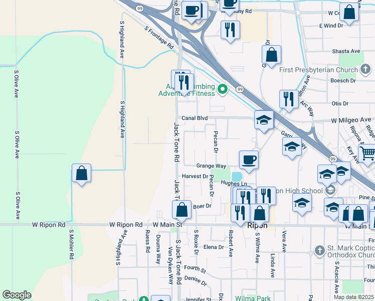 map of restaurants, bars, coffee shops, grocery stores, and more near 544 Meadowland Drive in Ripon