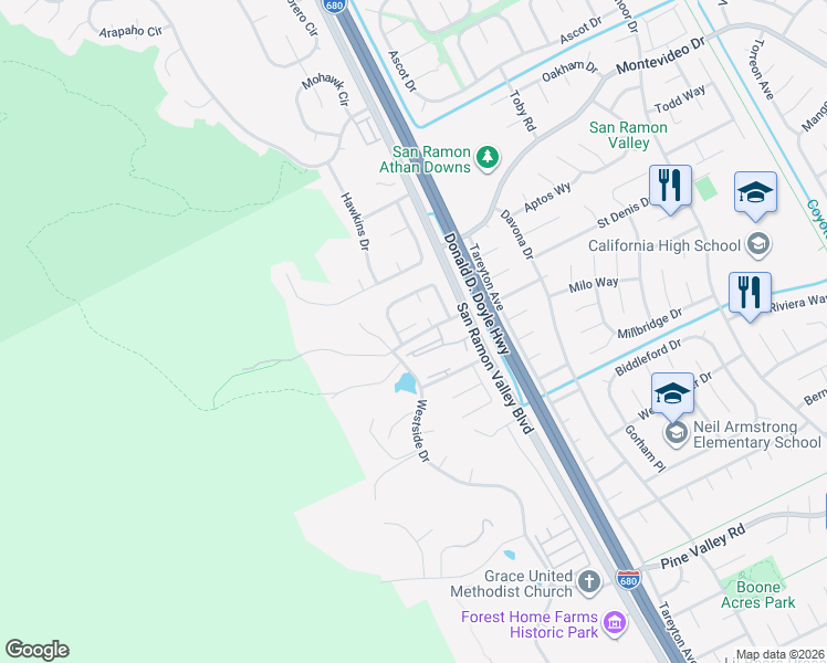 map of restaurants, bars, coffee shops, grocery stores, and more near 14 Comstock Court in San Ramon