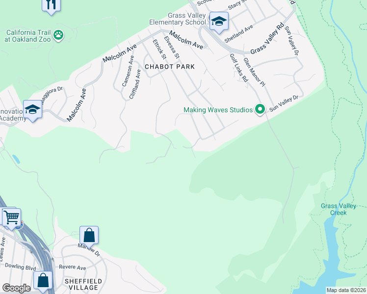 map of restaurants, bars, coffee shops, grocery stores, and more near 11400 Lochard Street in Oakland