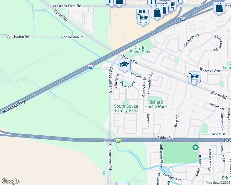 map of restaurants, bars, coffee shops, grocery stores, and more near 1605 Gloria Circle in Tracy