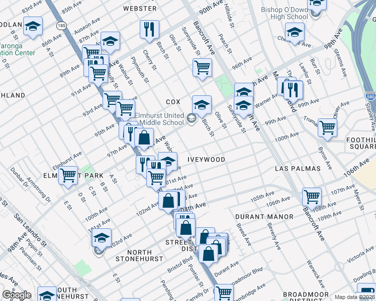 map of restaurants, bars, coffee shops, grocery stores, and more near Plymouth Street & 99th Avenue in Oakland
