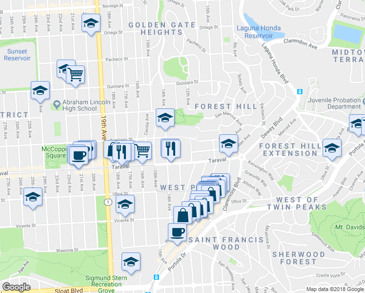 map of restaurants, bars, coffee shops, grocery stores, and more near 2334 Funston Avenue in San Francisco