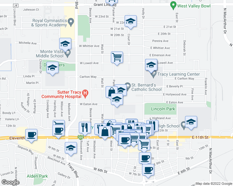 map of restaurants, bars, coffee shops, grocery stores, and more near 1470 Parker Ave in Tracy