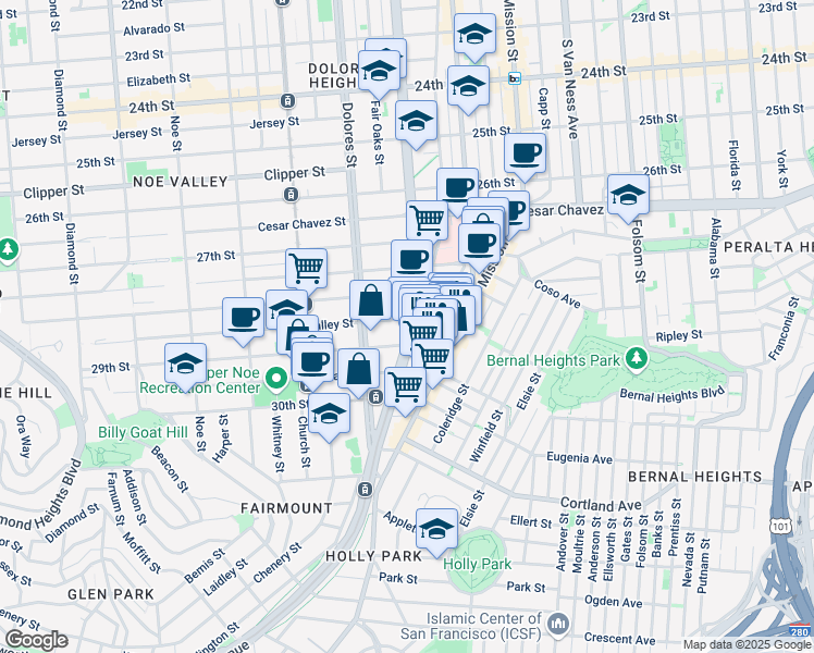 map of restaurants, bars, coffee shops, grocery stores, and more near 682 San Jose Avenue in San Francisco