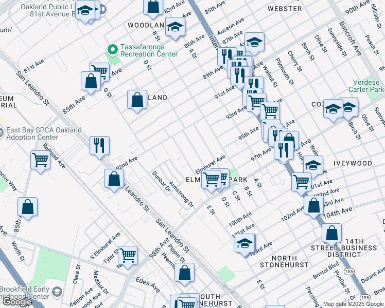 map of restaurants, bars, coffee shops, grocery stores, and more near 9405 D Street in Oakland