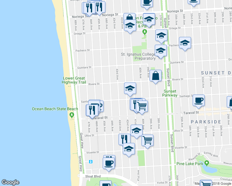 map of restaurants, bars, coffee shops, grocery stores, and more near 2259 43rd Avenue in San Francisco