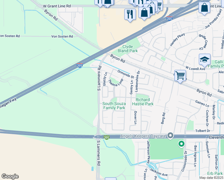 map of restaurants, bars, coffee shops, grocery stores, and more near 1463 Souza Parkway in Tracy