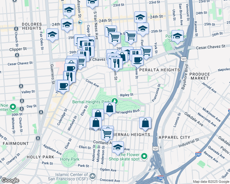 map of restaurants, bars, coffee shops, grocery stores, and more near 3334 Folsom Street in San Francisco
