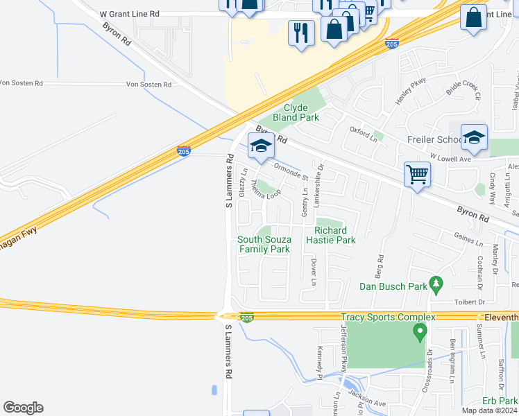 map of restaurants, bars, coffee shops, grocery stores, and more near 1463 Souza Parkway in Tracy