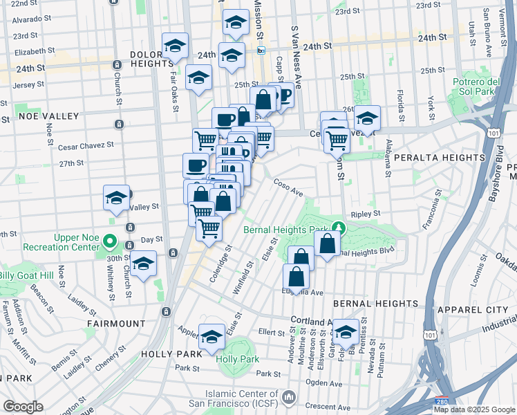map of restaurants, bars, coffee shops, grocery stores, and more near 44 Lundys Lane in San Francisco