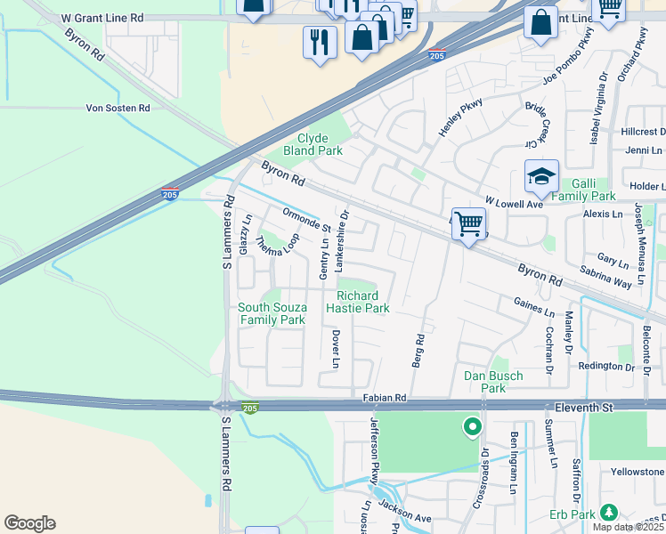 map of restaurants, bars, coffee shops, grocery stores, and more near 1505 Lakeshire Drive in Tracy