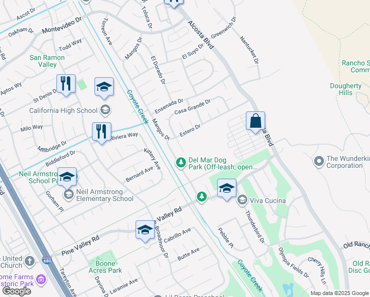 map of restaurants, bars, coffee shops, grocery stores, and more near 87 Casa Grande Place in San Ramon