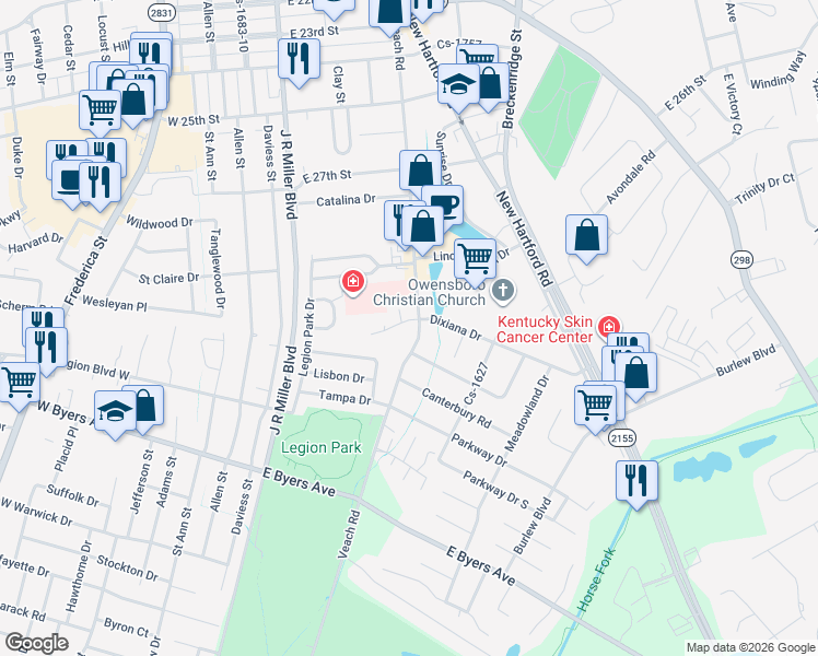 map of restaurants, bars, coffee shops, grocery stores, and more near 2920 Veach Road in Owensboro