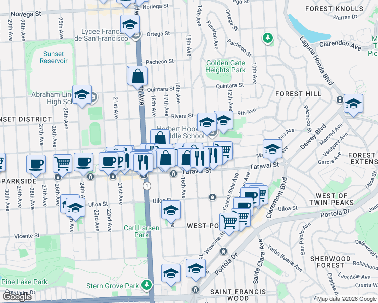 map of restaurants, bars, coffee shops, grocery stores, and more near in San Francisco