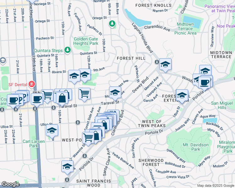 map of restaurants, bars, coffee shops, grocery stores, and more near 400 Magellan Avenue in San Francisco