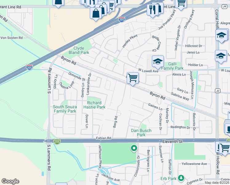 map of restaurants, bars, coffee shops, grocery stores, and more near 1510 Bernard Phelan Avenue in Tracy