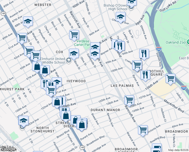 map of restaurants, bars, coffee shops, grocery stores, and more near 2014 100th Avenue in Oakland