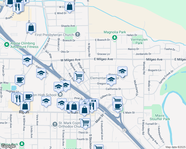 map of restaurants, bars, coffee shops, grocery stores, and more near 123 East Washington Street in Ripon