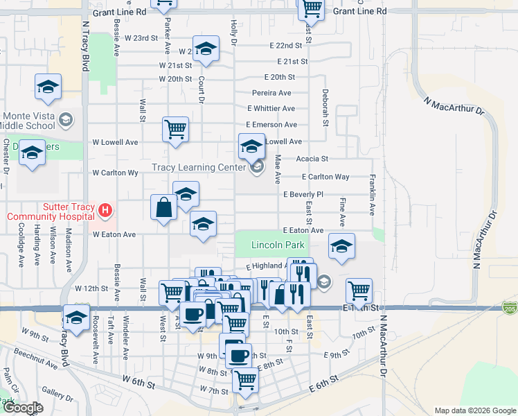 map of restaurants, bars, coffee shops, grocery stores, and more near 33 East Hollywood Avenue in Tracy