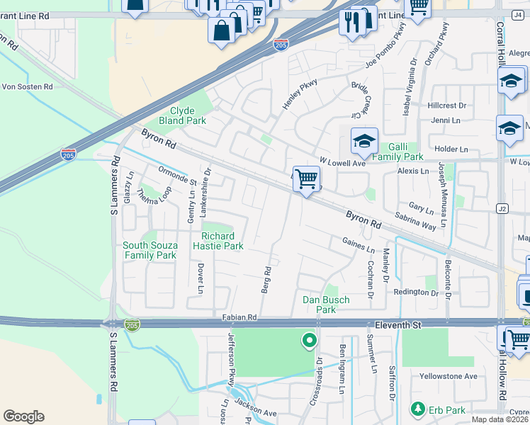 map of restaurants, bars, coffee shops, grocery stores, and more near 2726 Byron Road in Tracy