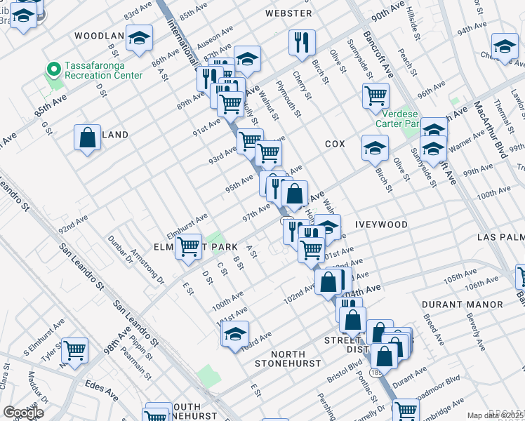 map of restaurants, bars, coffee shops, grocery stores, and more near 1322 97th Avenue in Oakland