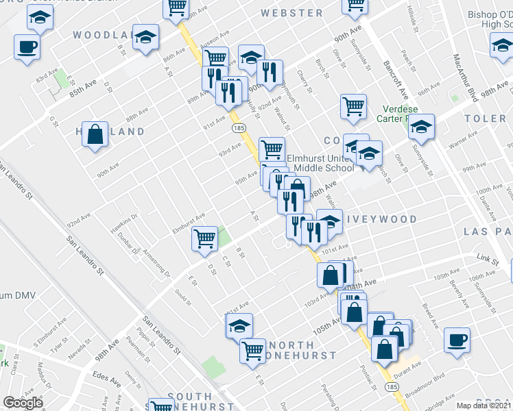 map of restaurants, bars, coffee shops, grocery stores, and more near 1322 97th Avenue in Oakland