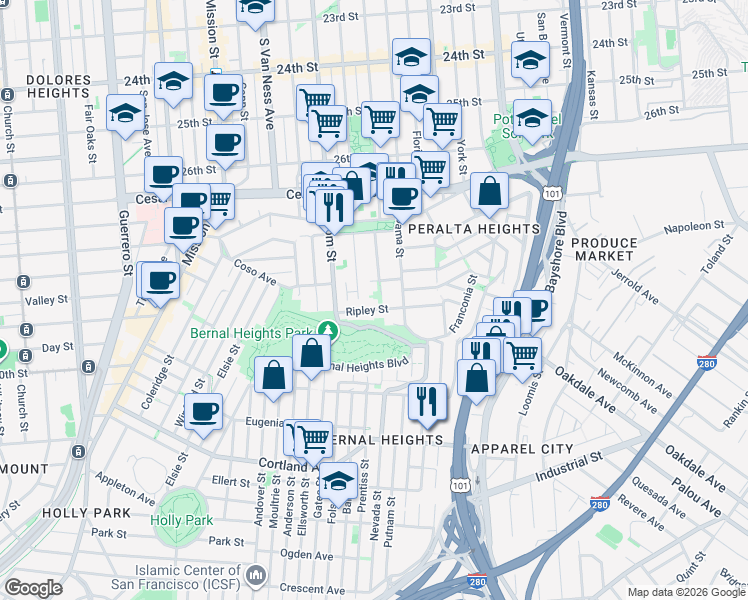 map of restaurants, bars, coffee shops, grocery stores, and more near 145 Ripley Street in San Francisco