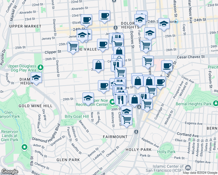 map of restaurants, bars, coffee shops, grocery stores, and more near 284 Valley Street in San Francisco