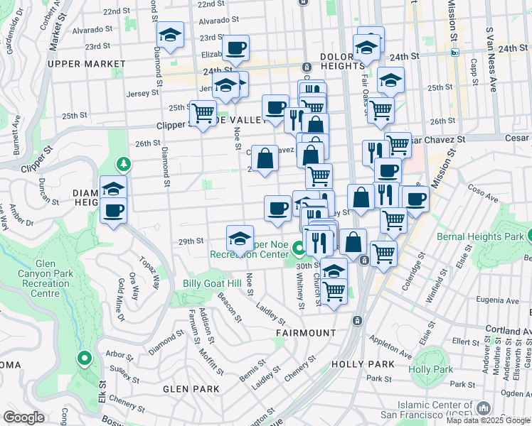 map of restaurants, bars, coffee shops, grocery stores, and more near 340 Valley Street in San Francisco