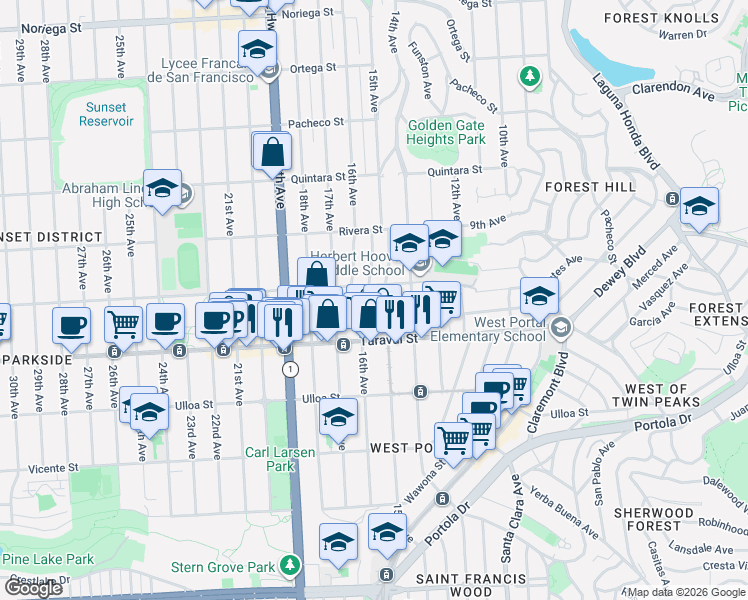 map of restaurants, bars, coffee shops, grocery stores, and more near in San Francisco