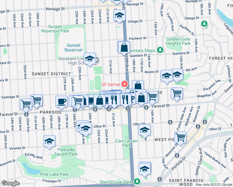 map of restaurants, bars, coffee shops, grocery stores, and more near 2317 21st Avenue in San Francisco