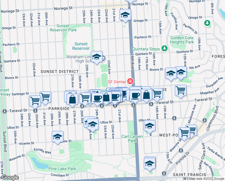 map of restaurants, bars, coffee shops, grocery stores, and more near 2306 22nd Avenue in San Francisco