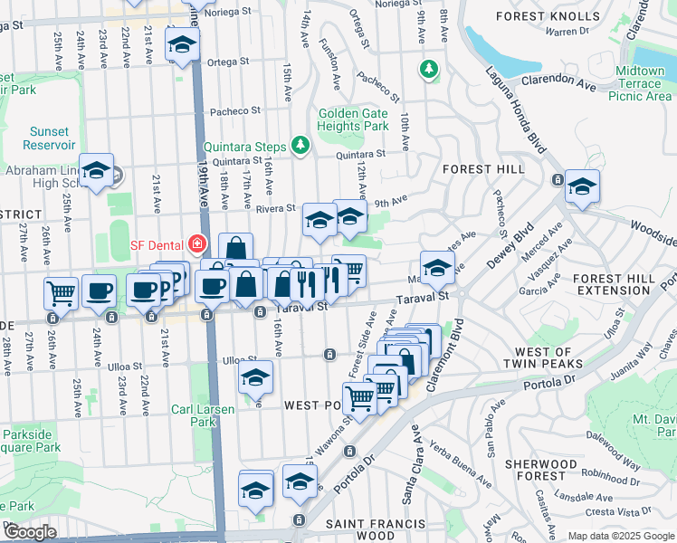 map of restaurants, bars, coffee shops, grocery stores, and more near 2334 Funston Avenue in San Francisco