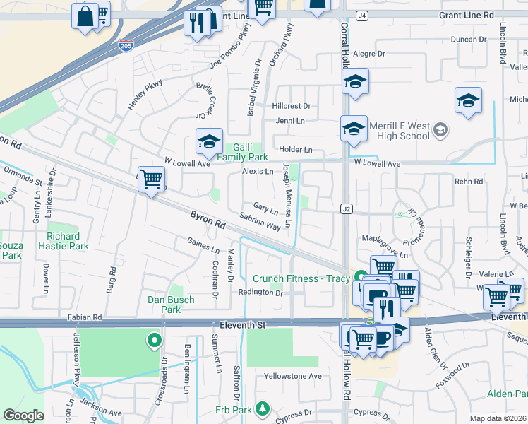 map of restaurants, bars, coffee shops, grocery stores, and more near 2274 Gary Lane in Tracy
