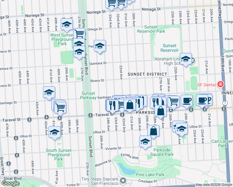 map of restaurants, bars, coffee shops, grocery stores, and more near 2106 Santiago Street in San Francisco