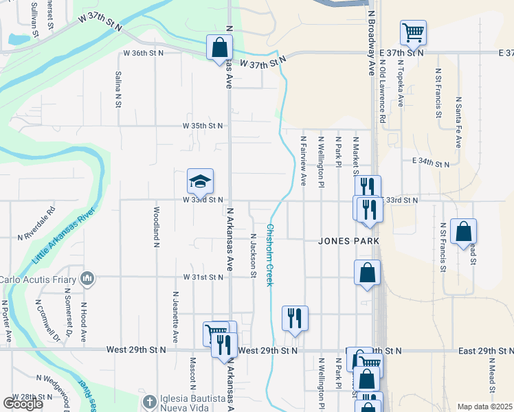 map of restaurants, bars, coffee shops, grocery stores, and more near 3374 North Jackson Court in Wichita