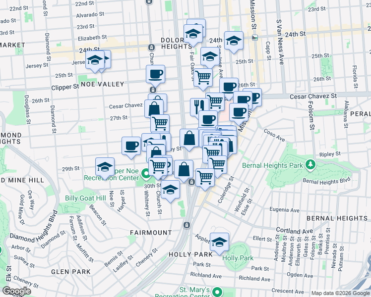 map of restaurants, bars, coffee shops, grocery stores, and more near 1485 Guerrero Street in San Francisco