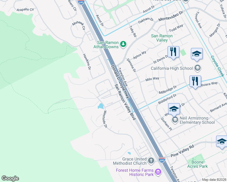 map of restaurants, bars, coffee shops, grocery stores, and more near 19251 San Ramon Valley Boulevard in San Ramon