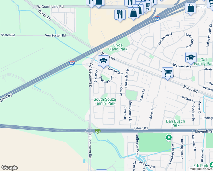 map of restaurants, bars, coffee shops, grocery stores, and more near 1482 Souza Parkway in Tracy