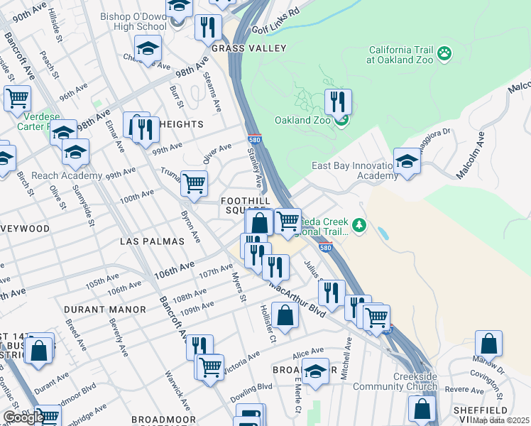 map of restaurants, bars, coffee shops, grocery stores, and more near 2805 106th Avenue in Oakland