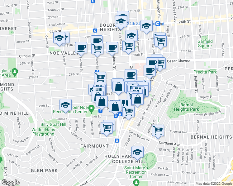 map of restaurants, bars, coffee shops, grocery stores, and more near Dolores St & Valley St in San Francisco