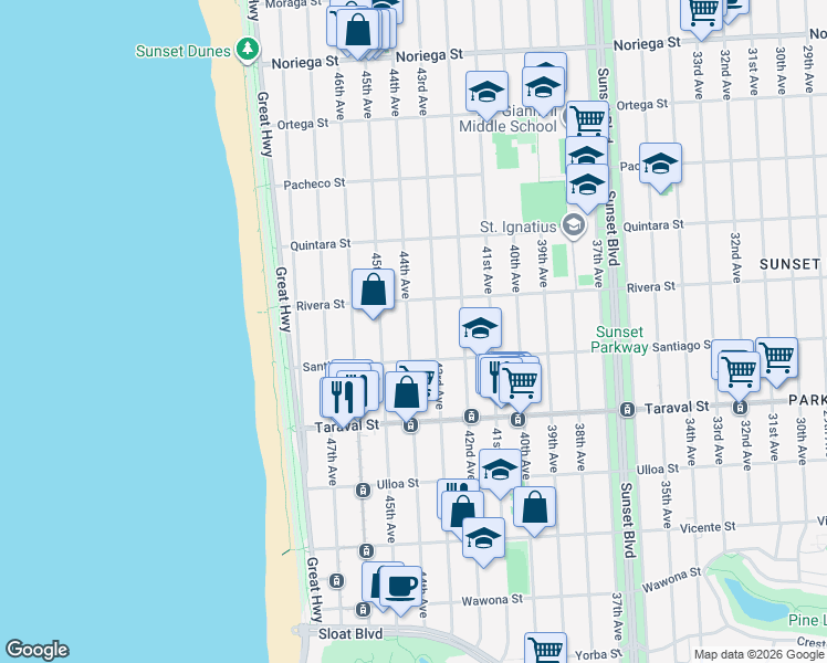 map of restaurants, bars, coffee shops, grocery stores, and more near 2250 44th Avenue in San Francisco