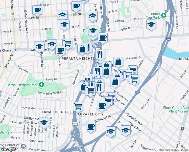 map of restaurants, bars, coffee shops, grocery stores, and more near 240 Bayshore Boulevard in San Francisco