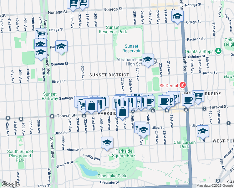 map of restaurants, bars, coffee shops, grocery stores, and more near 2296 28th Avenue in San Francisco