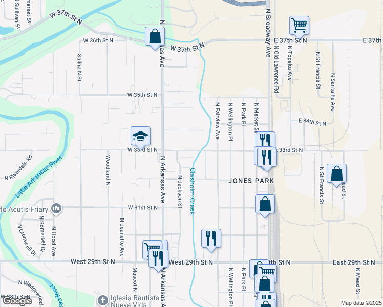 map of restaurants, bars, coffee shops, grocery stores, and more near 3374 North Jackson Court in Wichita