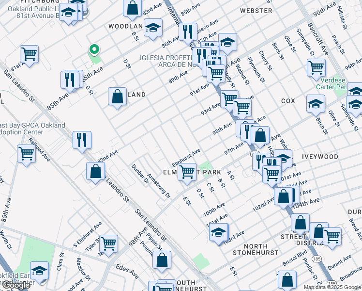 map of restaurants, bars, coffee shops, grocery stores, and more near 9423 C Street in Oakland