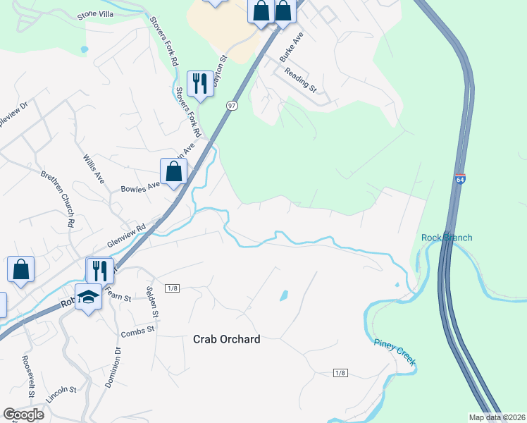 map of restaurants, bars, coffee shops, grocery stores, and more near 111 Waddell Ln in Beckley