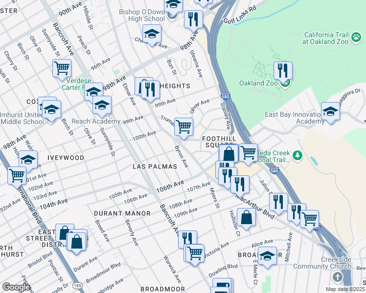 map of restaurants, bars, coffee shops, grocery stores, and more near 10245 MacArthur Boulevard in Oakland