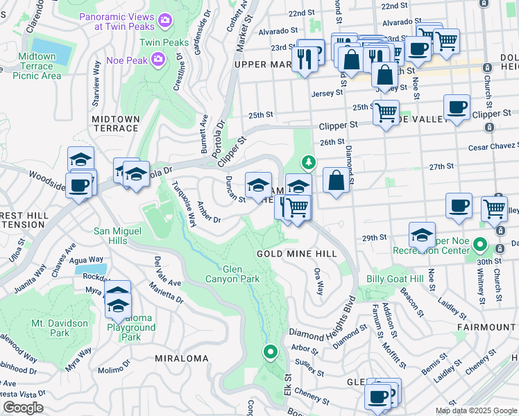 map of restaurants, bars, coffee shops, grocery stores, and more near 350 Amber Drive in San Francisco