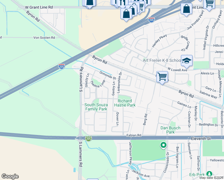 map of restaurants, bars, coffee shops, grocery stores, and more near 1505 Lankershire Drive in Tracy